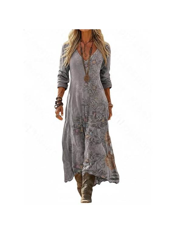 Boho Dresses for Women, Boho Maxi Dress Bohemian Dress A-Line Long Sleeve Summer Dress with Vintage Floral Print Grey M