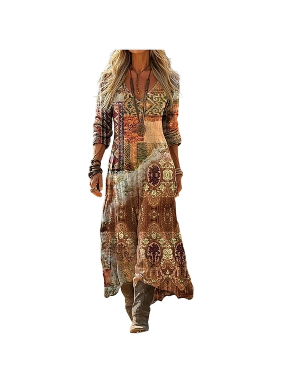 Boho Dresses for Women, Boho Maxi Dress Bohemian Dress A-Line Long Sleeve Summer Dress with Vintage Floral Print Khaki L