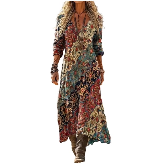 NordicNest Boho Linen Beach Maxi Dress for Women, 2026 Casual V-Neck 3/4 Sleeve Linen Dresses, Summer Tunic Khaki XL