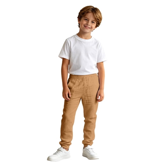 NordicNest Boys Casual Solid Color Trousers, Elastic Waist Breathable Loose Pants, Soft Lightweight Daily Wear for Play & Daily Activities Khaki 150