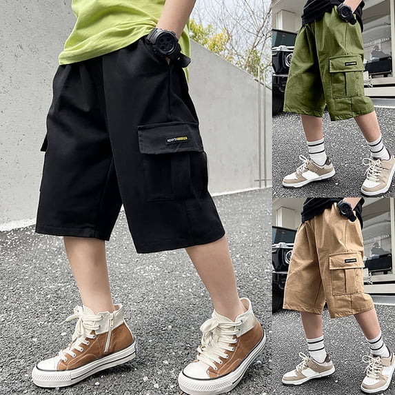 NordicNest Boys Loose Stretch Cargo Shorts, Youth Casual Outdoor Bottoms for Kids Black 120