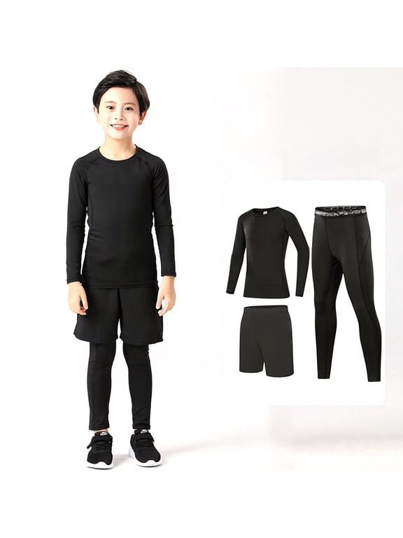 Boys Set Base Layer Athletic Compression Leggings Shirts Thermal Underwear Set Running Pants Tights Child Leisure Outfit,2-3 Years,Black
