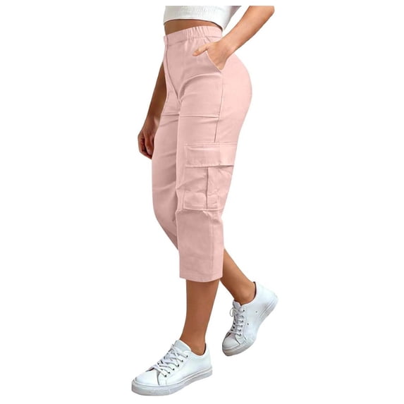 NordicNest Elastic Waist Cargo Capris for Women, High Waist Capri Pants for Women with Pockets, Casual Summer Capris Pink XXL