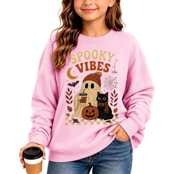 NordicNest Girls Halloween Sweatshirt Hoodless Cute Print Long Sleeve Loose Fit for Casual Wear Pink,3-4 Years