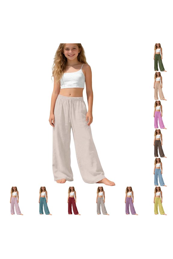 Girls' Linen Trousers High Waist Wide Leg Linen Trousers Long Casual Muslin Trousers Teenagers for Summer