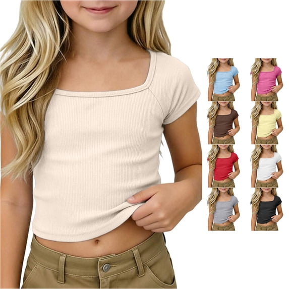 NordicNest Girls Ribbed Knit Crop Top Short Sleeve Tee Square Neck Raglan Basic Casual Shirt For Kids Toddler Youth Tween Clothes for Girls Back to School