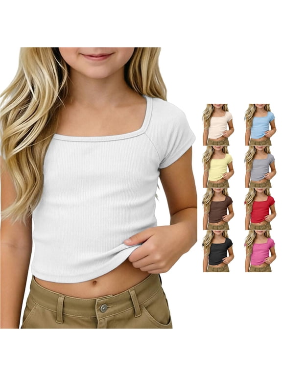 Girls Ribbed Knit Crop Top Short Sleeve Tee Square Neck Raglan Basic Casual Shirt For Kids Toddler Youth Tween Clothes for Girls Back to School