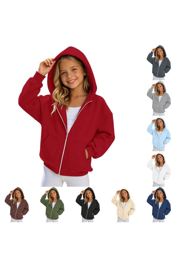 Girls Zip Up Hooded Sweatshirt Solid Color Casual Hoodie Jacket For Kids Lightweight And Comfortable Daily Wear