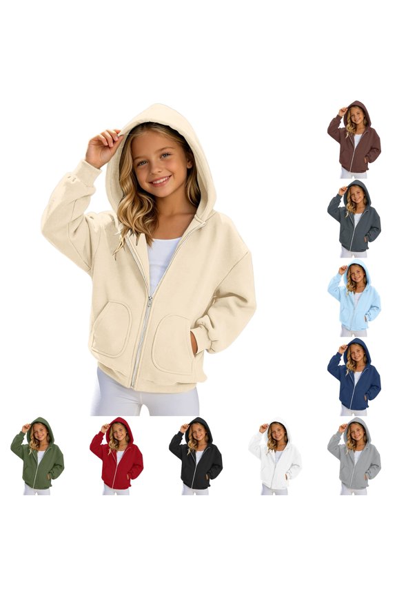 Girls Zip Up Hooded Sweatshirt Solid Color Casual Hoodie Jacket For Kids Lightweight And Comfortable Daily Wear
