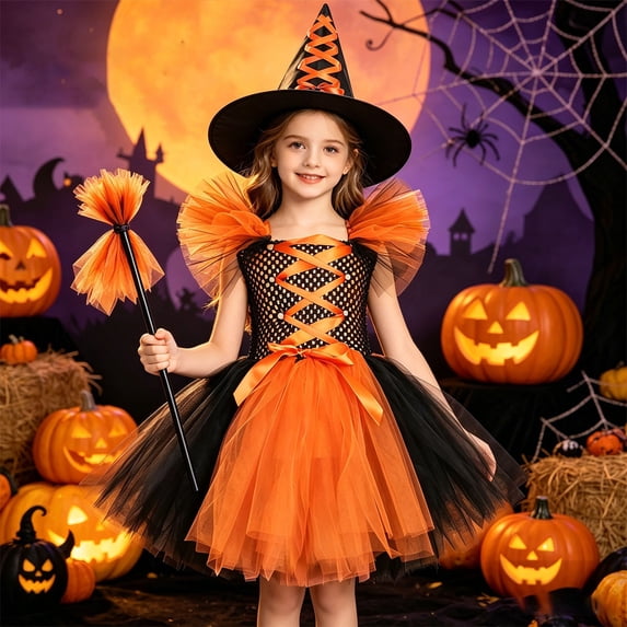NordicNest Halloween Dress for Girls Playful Mesh Fly Sleeve Puffy Dress for Theme Party Holiday Clothes Orange,6-7 Years