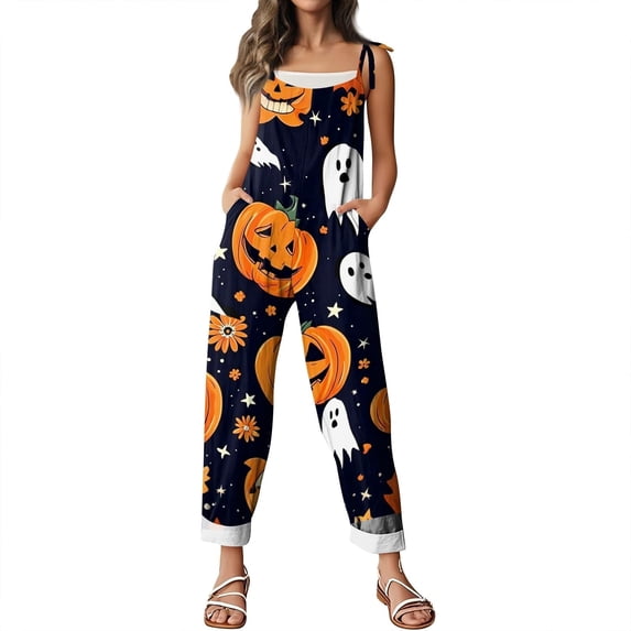 NordicNest Halloween Jumpsuits for Women One Piece Sleeveless Print Adjustable Strap Rompers Pants with Pockets Fashion Fall Clothes Party Outfits