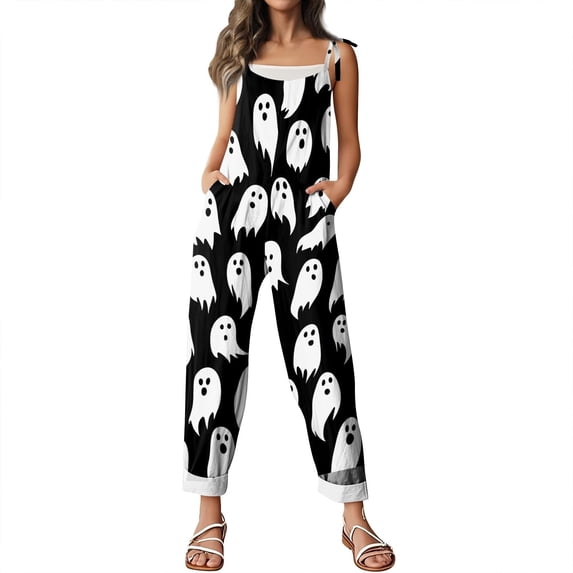 NordicNest Halloween Jumpsuits for Women One Piece Sleeveless Print Adjustable Strap Rompers Pants with Pockets Fashion Fall Clothes Party Outfits