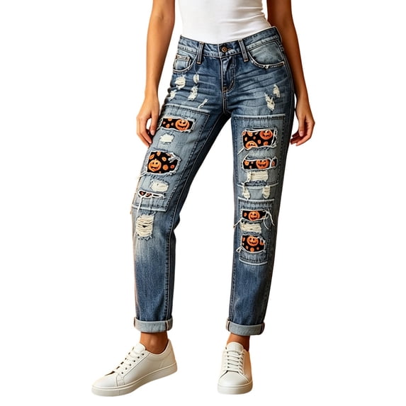 NordicNest Halloween Pants for Women Style Holiday Printed Distressed Legging Straight Leg Casual Wear Orange,XXL