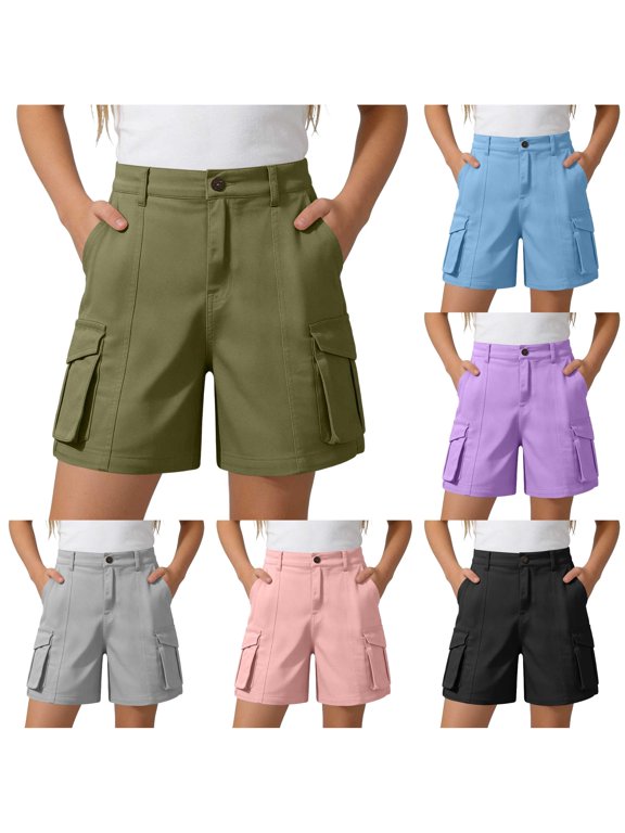Kids Boys Girls School Uniform Button Elastic Waist Cargo Shorts Pull On Jogger School Stretch Chino Twill Shorts With Pockets