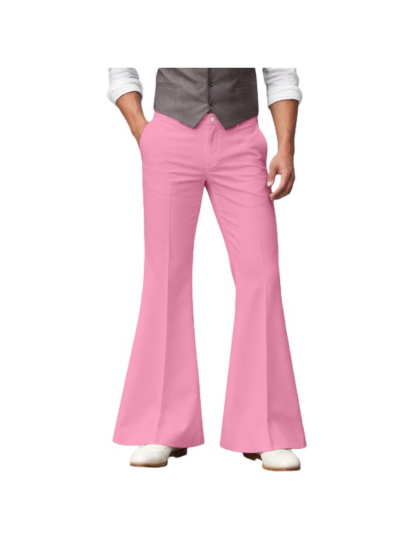 Men's Bell Bottom Pants 70s Disco Dress Pants Vintage Flared Office Work Casual Bootcut Trousers,XXXL,Z01-Pink