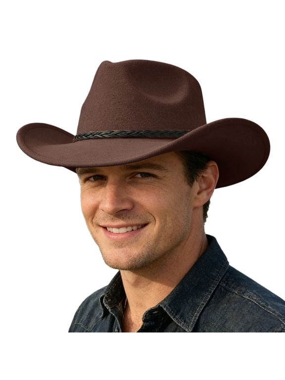 Men’s Western Cowboy Hat Wide‑Brim Felt Rancher Hat Stylish Outdoor Sun‑Protection Country Hat Coffee