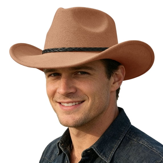 NordicNest Men’s Western Cowboy Hat Wide‑Brim Felt Rancher Hat Stylish Outdoor Sun‑Protection Country Hat Khaki