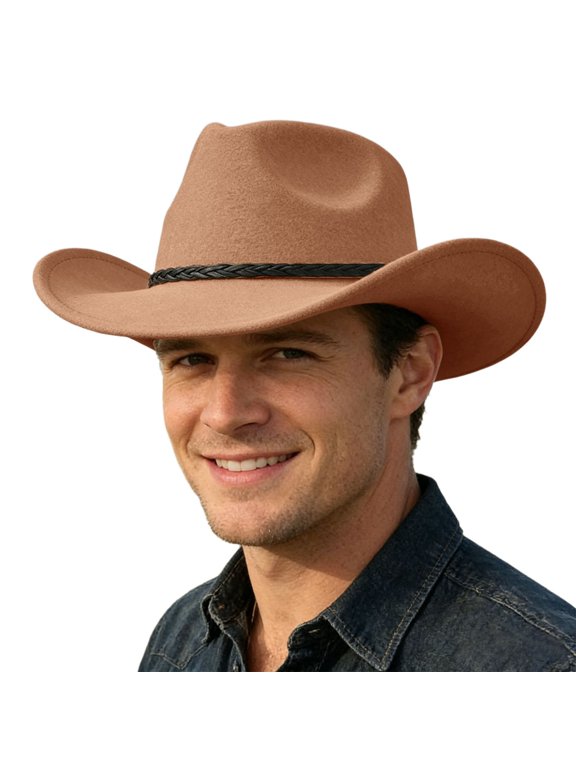 Men’s Western Cowboy Hat Wide‑Brim Felt Rancher Hat Stylish Outdoor Sun‑Protection Country Hat Khaki