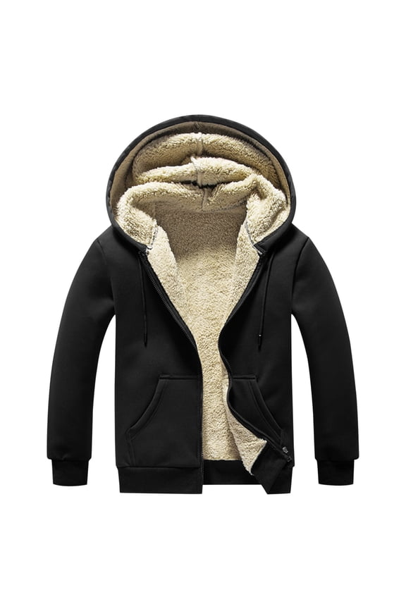 Men's Winter Casual Plush Solid Color Hooded Coats Long Sleeve Zipper Pocket Coats Jacket Comfort Outwear