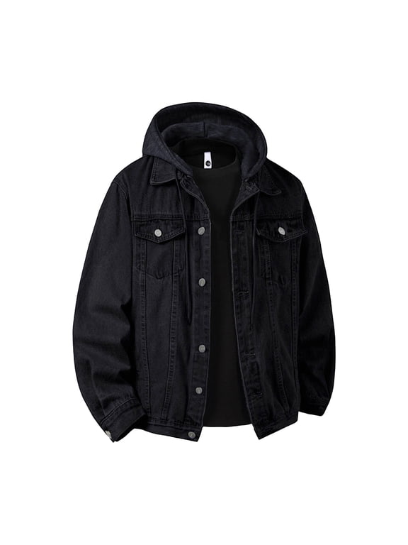 Mens Big and Tall Denim Jackets Button Down Long Sleeve Hooded Jean Coats Casual Lightweight Fall Travel Outwear Jackets with Pockets,3XL,Black