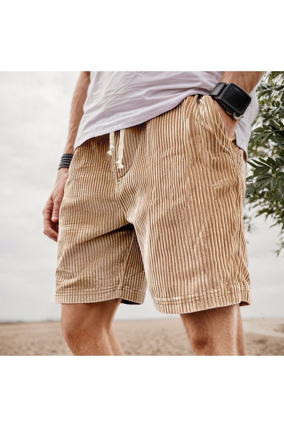 Mens Corduroy Shorts, Casual Drawstring Elastic Waist Short Pants Summer Beach Loose Fit Bermuda Shorts with Pockets Khaki XXXL