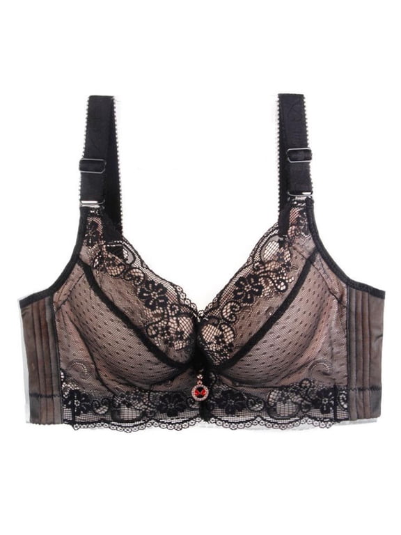 Push up Bra for Womens Large Size Non-Steel Ring Thin Cup Four Row Button Printed Adjustable Bra,42A,Black