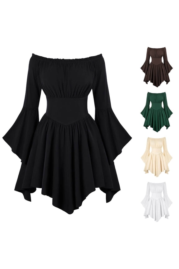 Renaissance Costume Women Pirate Peasant Off Shoulder Bell Sleeve Fairy Dress for Holiday Party Beach And Spring Summer