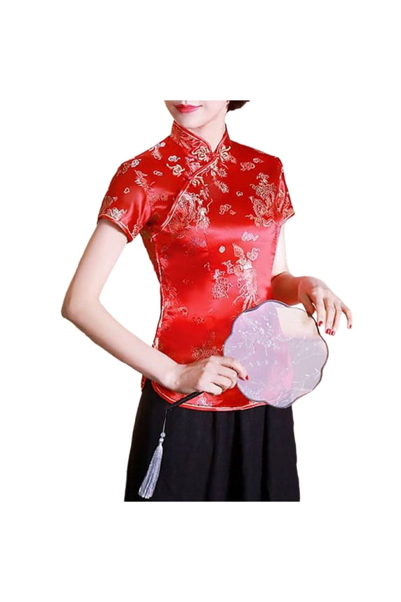 Women's Chinese Cheongsam Shirt Short Sleeve Mandarin Collar Dragon Phoenix Print Ethnic Blouse Tops Traditional Clothing Red M