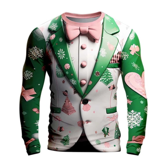 NordicNest Tuxedo T Shirts for Men Funny Christmas Shirts Long Sleeve Printed Tux with Bow Suit Tshirt Novelty Party Top,M,Pink-10,Christmas