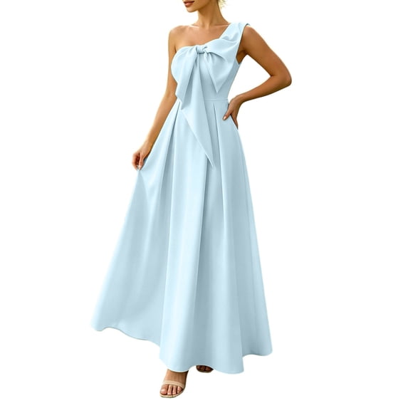 NordicNest Wedding Guest Dress for Women Elegant Solid Satin Shoulder High Waist A Line with Bow for Evening Gown Occasions Sky Blue,S