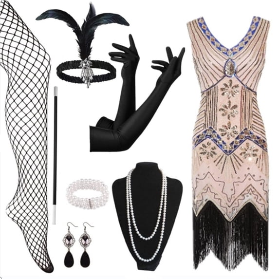 NordicNest Women Retro Flapper Dress Vintage Lace Fringed Dress With 20s Accessories Set for Them Party