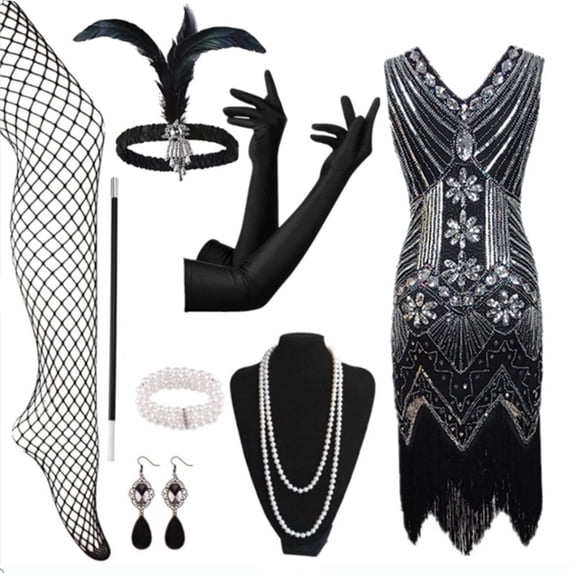 NordicNest Women Retro Flapper Dress Vintage Lace Fringed Dress With 20s Accessories Set for Them Party