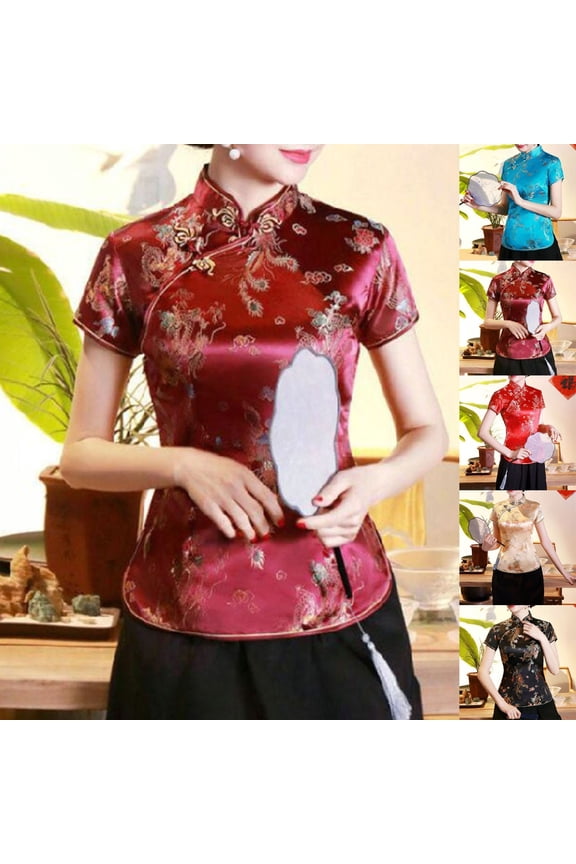 Women's Chinese Cheongsam Shirt Short Sleeve Mandarin Collar Dragon Phoenix Print Ethnic Blouse Tops Traditional Clothing S