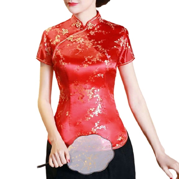 NordicNest Women's Chinese Cheongsam Shirt, Short Sleeve Mandarin Collar Shirt Women, Dragon Phoenix Print Ethnic Blouse Tops, Traditional Chinese Clothing Sky Tangerine