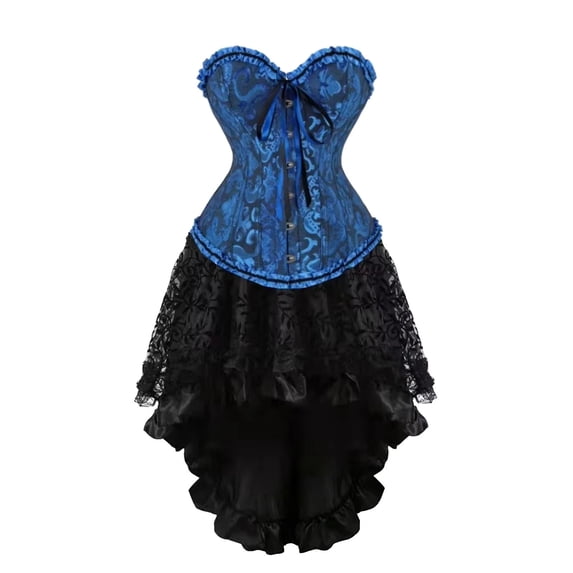 NordicNest Women's Gothic Corset Skirt Set Vintage Jacquard Strapless Bustier Top with High‑Low Ruffle Lace Skirt Steampunk Halloween Costume A-Blue,S