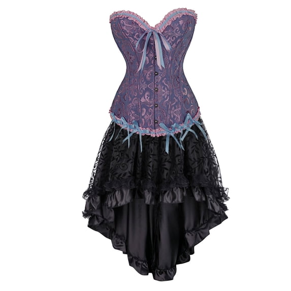 NordicNest Women's Gothic Corset Skirt Set Vintage Jacquard Strapless Bustier Top with HighâLow Ruffle Lace Skirt Steampunk Halloween Blue,XXXXXL