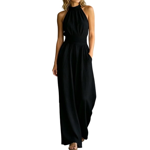 NordicNest Women's Halter Neck Wide‑Leg Jumpsuit Sleeveless Waist CinchingLoose Linen Romper with Pockets for Casual Wear Black,S