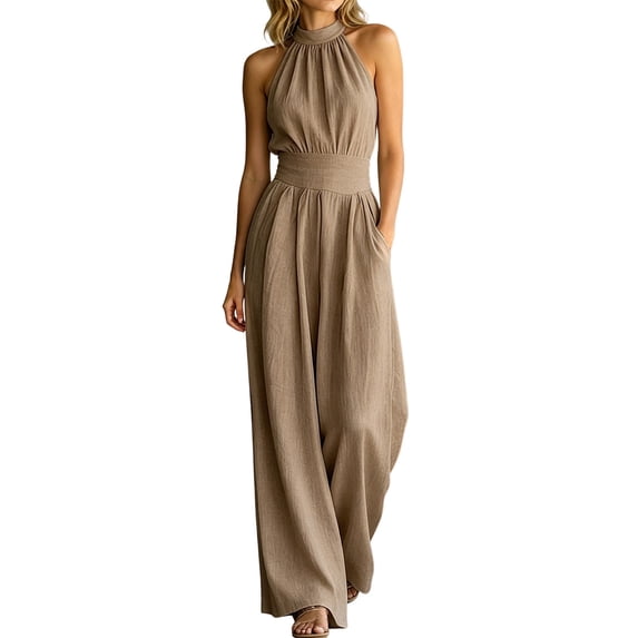 NordicNest Women's Halter Neck Wide‑Leg Jumpsuit Sleeveless Waist CinchingLoose Linen Romper with Pockets for Casual Wear Brown,XXL