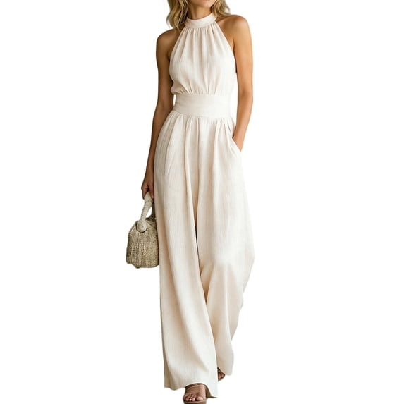 NordicNest Women's Halter Neck Wide‑Leg Jumpsuit Sleeveless Waist CinchingLoose Linen Romper with Pockets for Casual Wear White,S