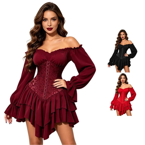 NordicNest Women's Off Shoulder Corset Dress Ruffle Hem Lace Up Mini Dress Gothic Outfits for Halloween