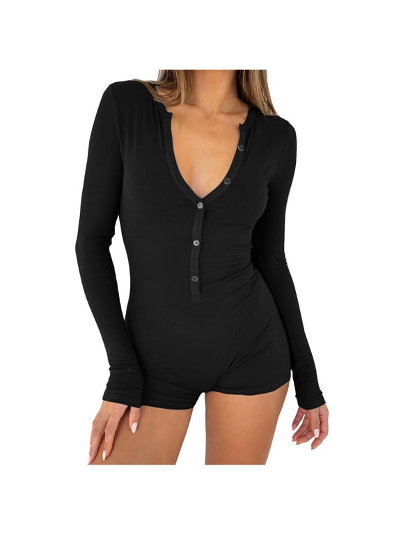 Women's Short Onesie Pajama, Ribbed Knitted Long Sleeve V-Neck Bodycon Shorts Rompers Button-down One Piece Jumpsuit Bodysuit Overalls,XXL,Black