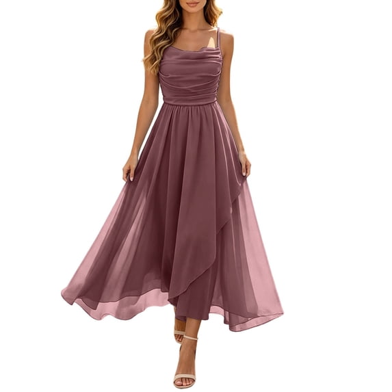 NordicNest Women's Spaghetti Strap Tulle Midi Dress Cowl Neck Ruched Bodice with Asymmetrical Flowy Skirt Elegant Party Wedding Guest Gown Purple,XL