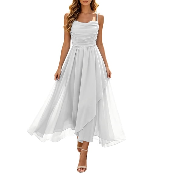 NordicNest Women's Spaghetti Strap Tulle Midi Dress Cowl Neck Ruched Bodice with Asymmetrical Flowy Skirt Elegant Party Wedding Guest Gown White,XL