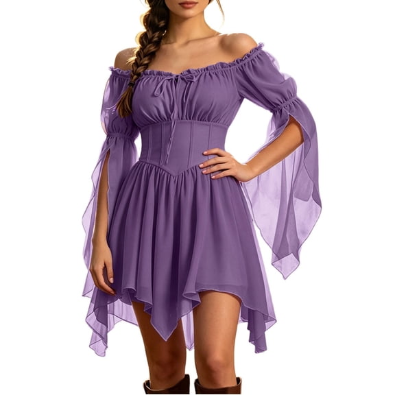 NordicNest Womens Off Shoulder Corset Dress Ruffle Sleeve Handkerchief Hem Boho Cottagecore Mini Dress Dark Purple,XXL