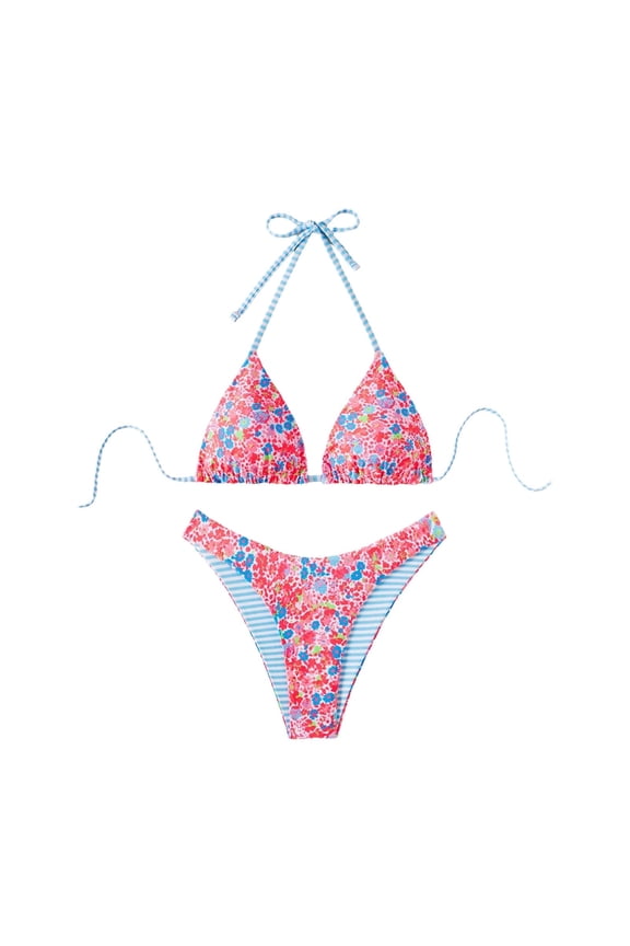 Womens Swim Mod 2pcs, Women's Cute Random Reversible Print Halter Top And Adorable Bottoms Beach Holiday Summer Swimwear Two Piece Swimsuit Bathing Suit Blue M