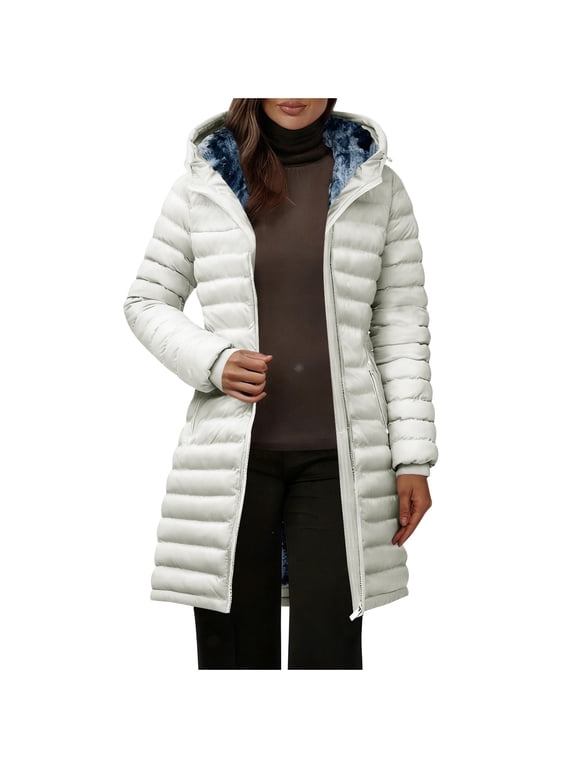 Womens Winter Long Hooded Puffer Coat Thick Warm Quilted Jackets Windbreaker Insulated Outerwear with Zipper Pockets,2XL,White