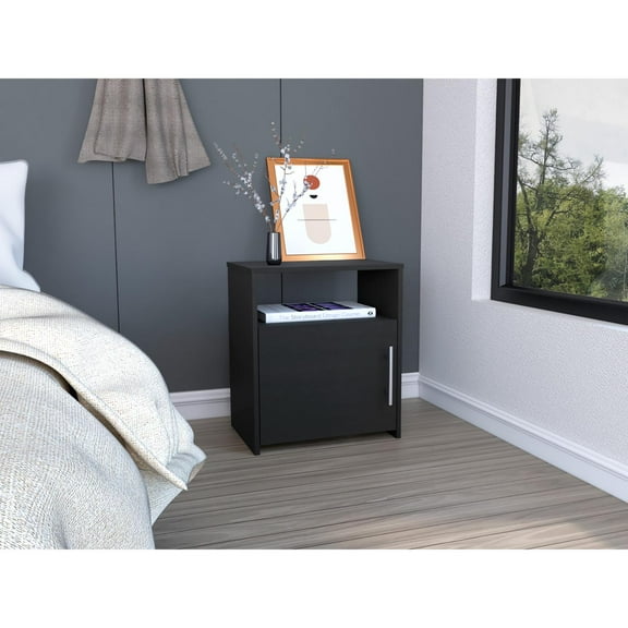 Nordico Nightstand, One Shelf, Single Door Cabinet, Metal Handle Black