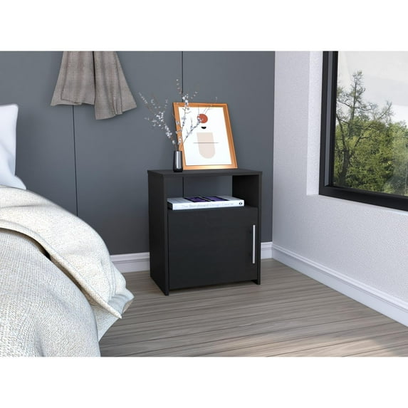 Nordico Nightstand, One Shelf, Single Door Cabinet, Metal Handle Black