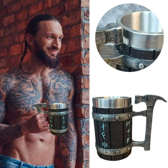 Nordics Rune Drinking Mug Rune Mug Beer Tankard Cup For Men Gift Norse Decor Stainless Steel Wooden Coffee Cool Mug Gift/ Hammer Retro Cup