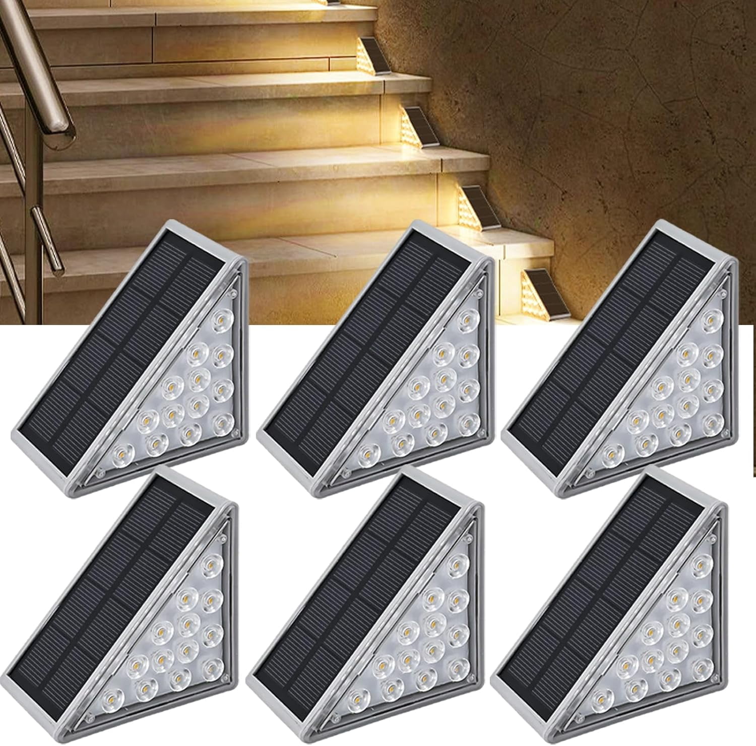 Nordikhome 6-Pack Solar Stair Lights – IP67 Waterproof Step Lights, 13 LEDs 100 Lumens, 800mAh Battery, Warm Light 3000K, For Patio, Deck, Front Steps, No Wiring